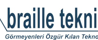 Siyah bir arka plan üzerinde büyük, mavi harflerle "Braille Teknik" yazısı yer alıyor. Altında daha küçük harflerle "Görmeyenleri Özgür Kılan Teknolojiler" yazıyor. Yazıların altında düz bir çizgi mevcut.